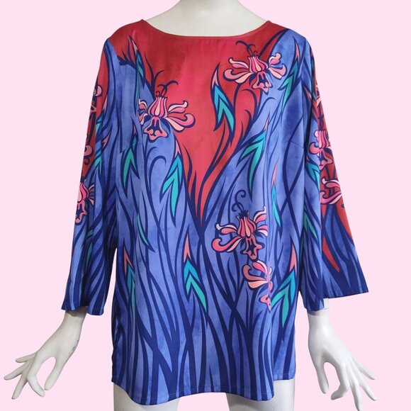 Bob Mackie Wearable Art Botanical Floral Fantasy Rust Periwinkle Tunic Top Sz M - Picture 1 of 8